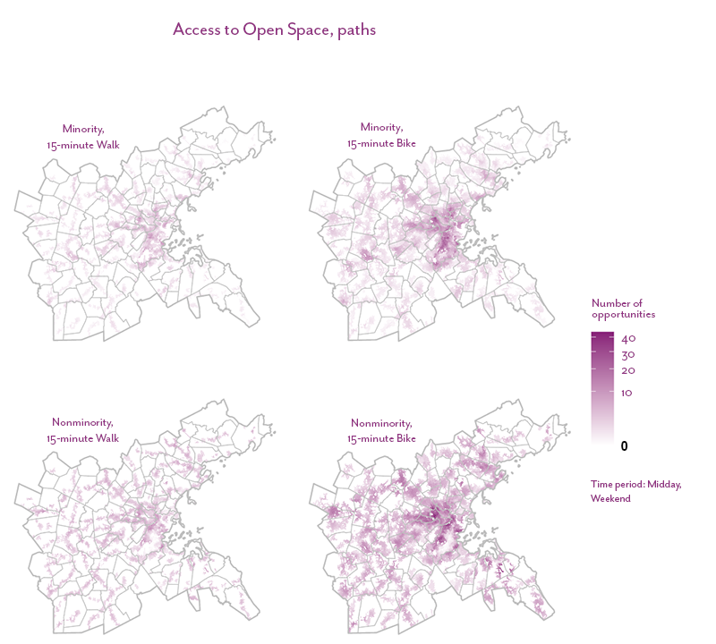 Figure 37 is a map that shows the number of off-street path opportunities accessible within a 15-minute bicycle or walk trip for the minority and non-minority populations living in the Boston region. 